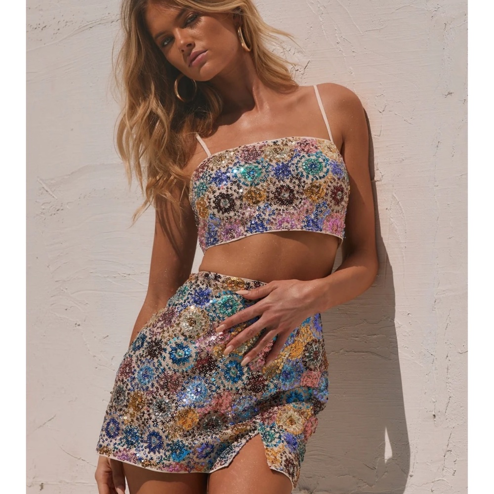 NWT sequin floral skirt set